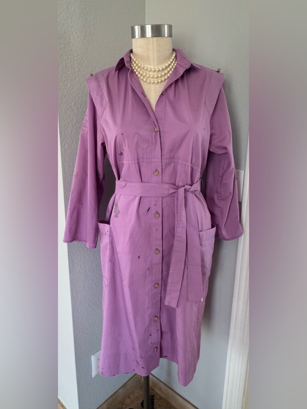 Vintage Painting Smock Petrona USA Made Button Dress Tie Belt 2 Pockets